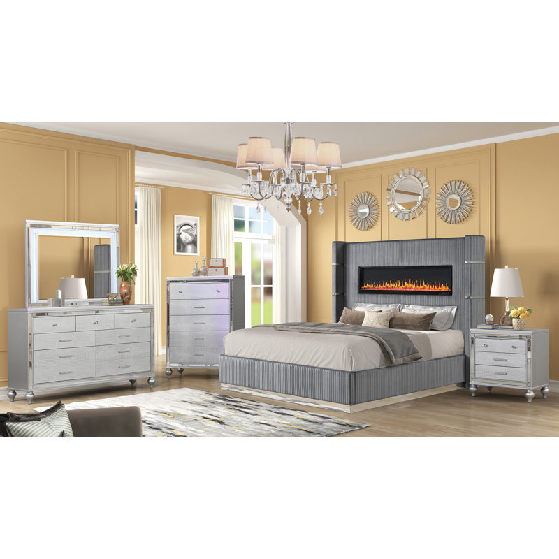 Ashray Upholstered Wingback 5 Piece Bedroom Set, Queen, Beige
