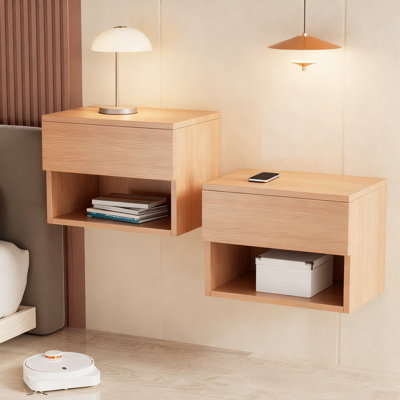 Floating Nightstand Set Of 2, Wall Mounted Bedside Table With Drawer And Open Shelf, Modern Wood Bedside Shelf And Desk For Bedroom, Office, And Living Room