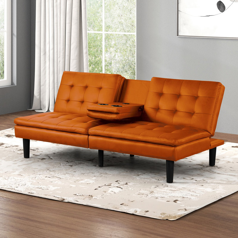 Futon orange contemporain avec biscuit, ports, table rabattable et lit convertible, capitonnage de style H 71,5 po x P 35,5 po, chargeurs de climatisation, option de fabrication,