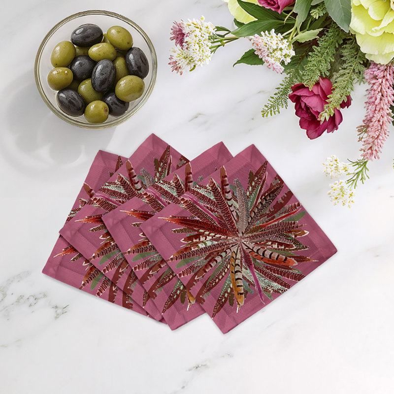 Pheasant Feathers Cotton Sateen Cocktail Napkins, Mauve