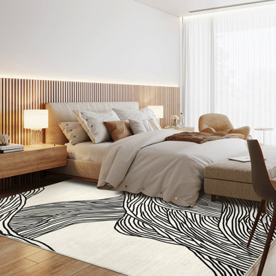 Tapis moderne moderne 9 x 12 tapis de salon lavables Tapis antidérapant à rayures ondulées pour la salle à manger, noir et blanc