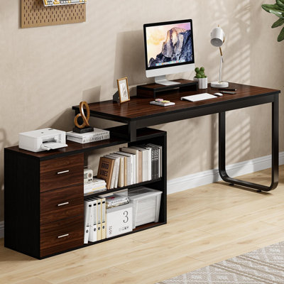 55 Inch Reversible L Shaped Computer Desk with 3 Drawers, Corner Desk with Storage Shelves and Removable Monitor Stand