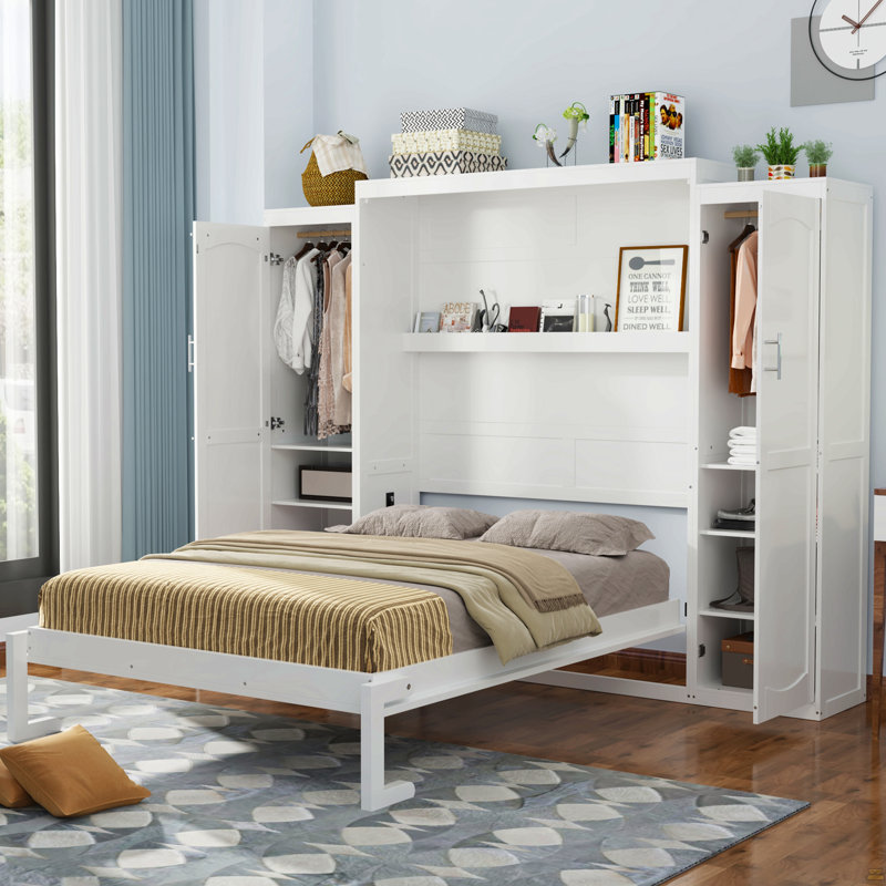 Grand lit escamotable avec 2 garde-robes et tablette de rangement