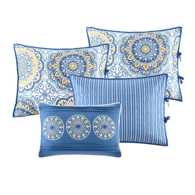 Daybed Cover - Blue 6 Piece Reversible, With Striped Reverse And Large Medallion Print, Fits Twin Size Mattress, Includes Cover, , 3 Shams, 1 Decorative Pillow, Machine Washable Reversible Printed