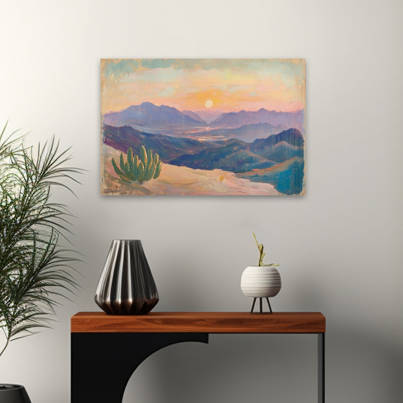 Désert, randonnée, vue, coucher de soleil contemporain, montagne, cactus, tons chauds, art, H 24 po x l 16 po