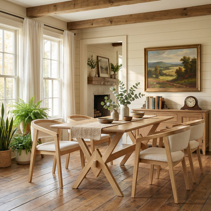 Urquhart 5-Piece Modern Farmhouse Wood Dining Set With Double V Trestle Table And Upholstered Armchairs, Beige/Oak, Oak/Oak