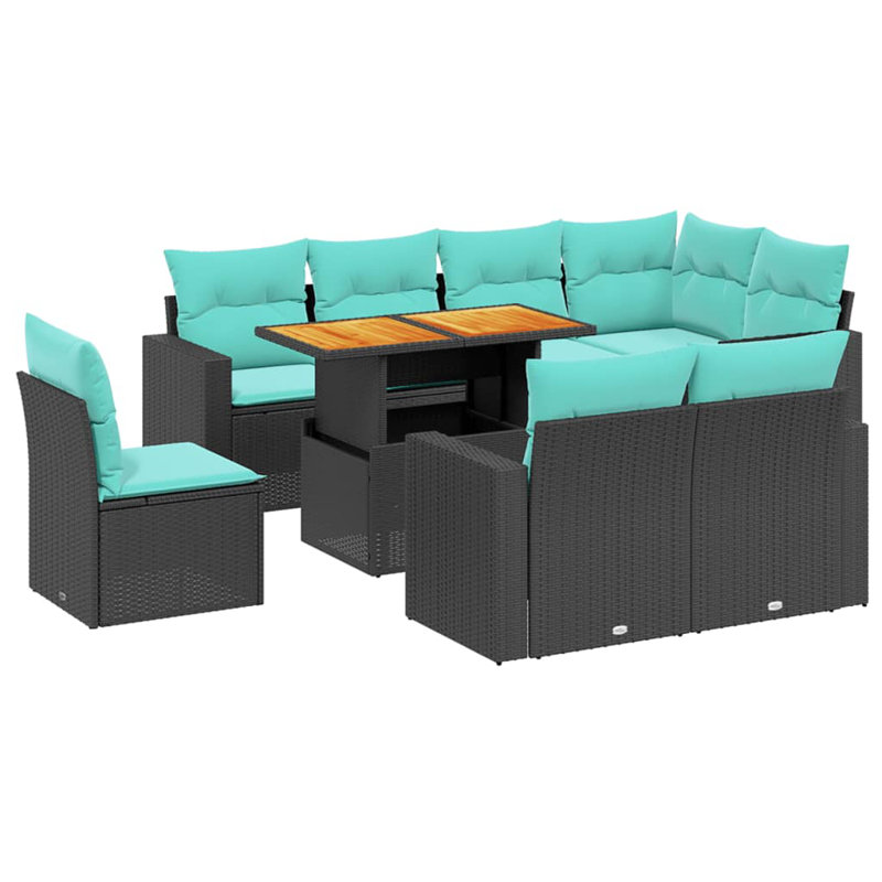 Ensemble de canapé de patio 9 pièces avec coussins en rotin de polyester, Bleu clair, Noir