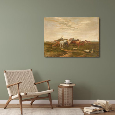 "Landscape with Horses and Cows in the Meadow by a Farm" by  Luplau Janssen - Gallery Wrap Canvas Wall Art