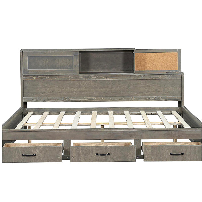 Canapé-lit en bois pleine grandeur avec 3 tiroirs de rangement, rembourrage doux supérieur, tablettes et ensemble de prises et de ports USB - Gris