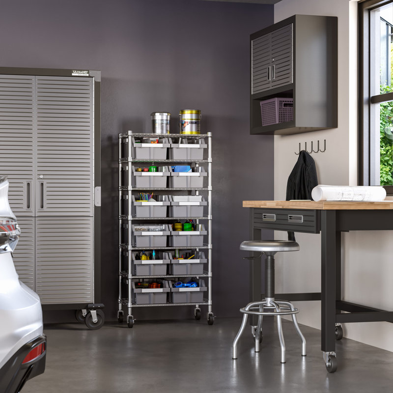 Gray 7-Tier Steel Wire Shelving Unit with 12 Bins