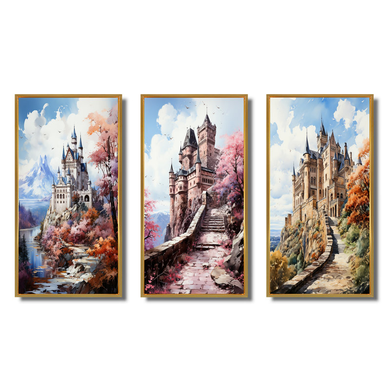 «Allemagne château de Neuschwanstein», 3 pièces sur toile, Encadrement doré, H 28 po x l 36 po