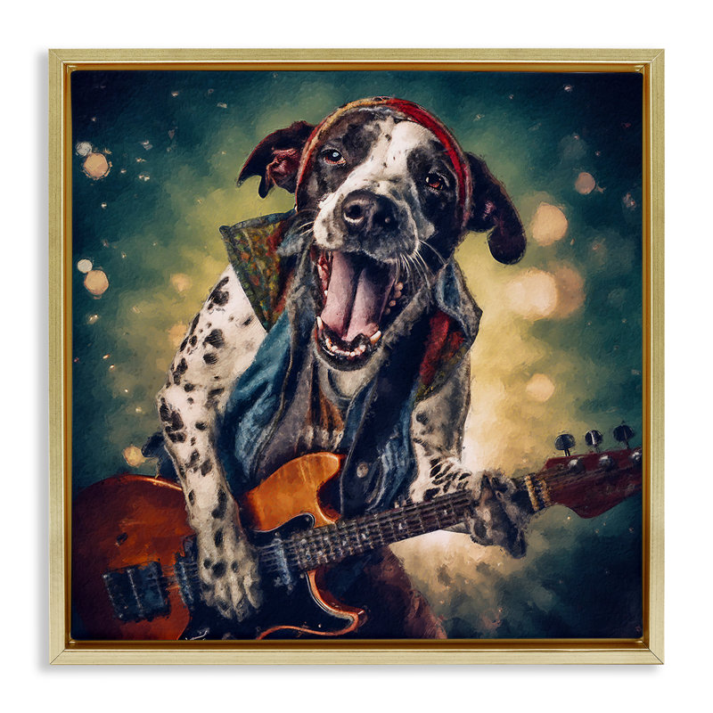 «Musician Dog Singing» par Sean Parnell, H 18 po x l 18 po, Cadre flottant métallique doré