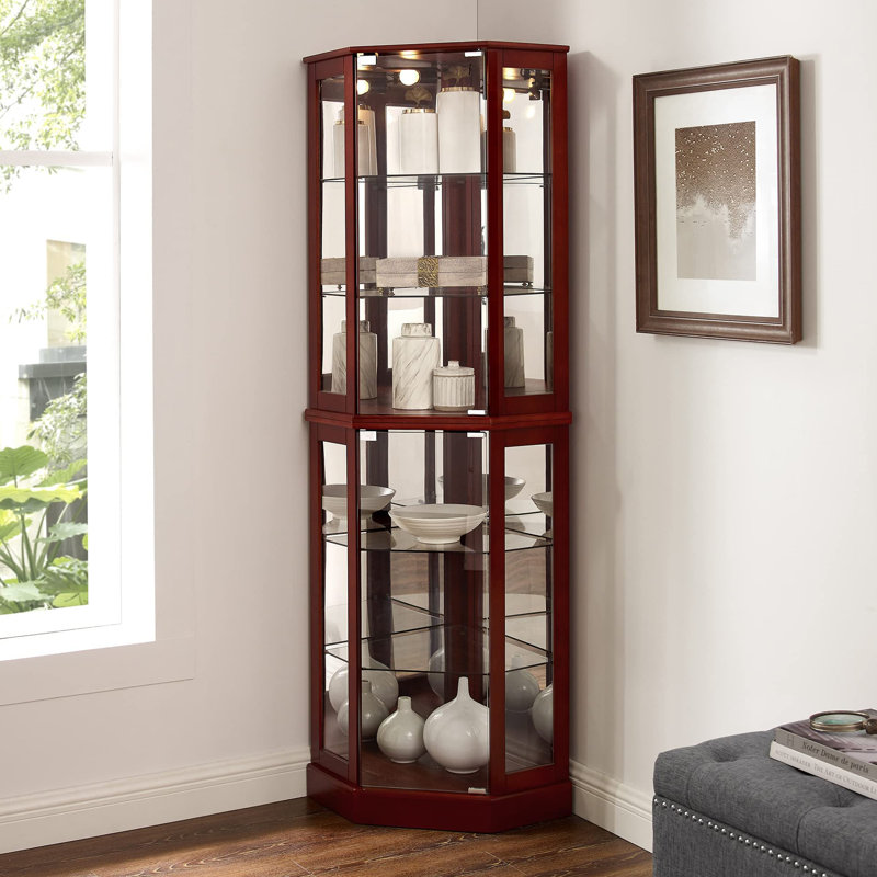 6 Shelf Corner Curio Display Cabinet with Lights, Mirrors And Adjustable Shelves, Cherry