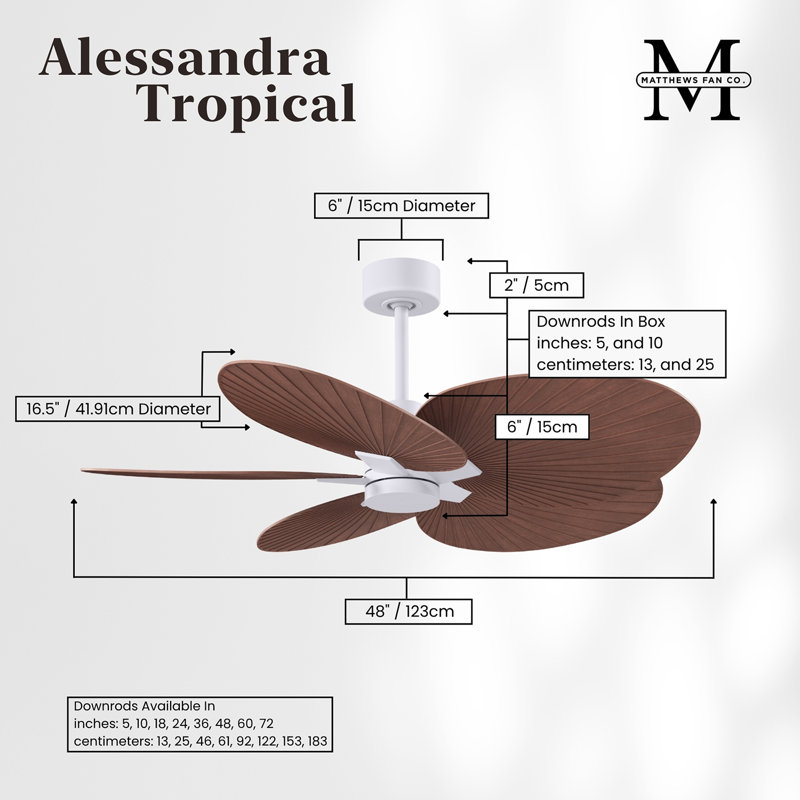 Alessandra - Ventilateur de plafond à cinq pales, Blanc mat, Ton noyer