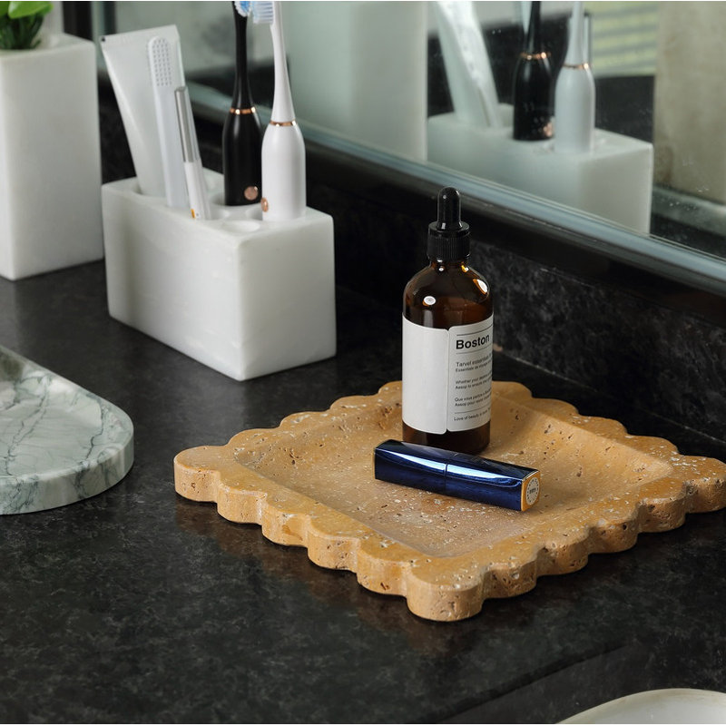 Guein Square Natural Marble Tray,Golden Travertine