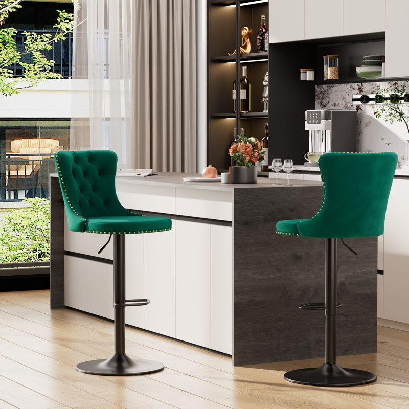 Tabouret de bar pivotant en velours à hauteur réglable avec structure en métal (ensemble de 2), Vert, Noir
