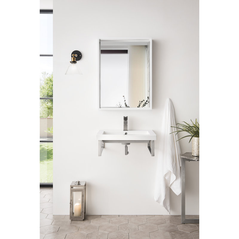 Boston Glossy White Resin Rectangular Wall Mount Bathroom Sink with Overflow, Brushed Nickel