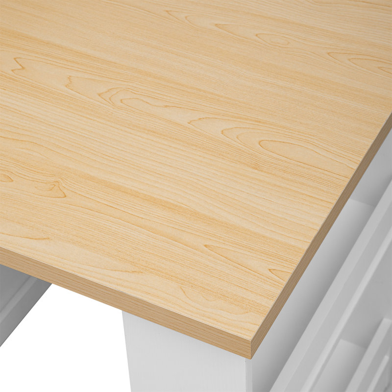Îlot de cuisine avec table de salle à manger extensible pour 4 à 6 personnes, table de cuisine bicolore avec rangement double, prise de courant, avec 2 tiroirs et 2 tablettes latérales ouvertes