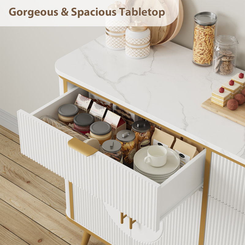 47.2" W Fluted Buffet Cabinet, Sideboard With 2 Drawers & 4 Fluted Doors, Storage Cabinet With Adjustable Shelves, Modern Coffee Bar Table For Living Room, Dinning Room, White