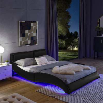 Led Bed Frame Modern Faux Leather Upholste Platform Bed Frame With RGB LED Lights And Headboard Wave Like Curve Low Profile Bed Frame,Wood Slats Suppo -  Ivy Bronx, 648B5FB55EC44E479375466B4D374418