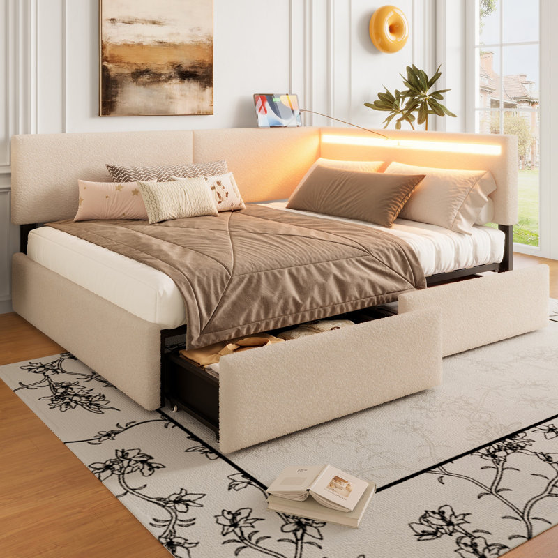 Cadre de lit infonuagique rembourré avec tête de lit, 2 tiroirs de rangement, lumière DEL, chargement USB, pieds et lattes en bois massif, sommier non requis