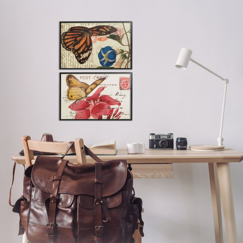  "Butterfly Accented Postcards" 2 PC, estampe numérique par Deborah Revell, H 12 po x l 18 po, Giclée encadrée noir minuit