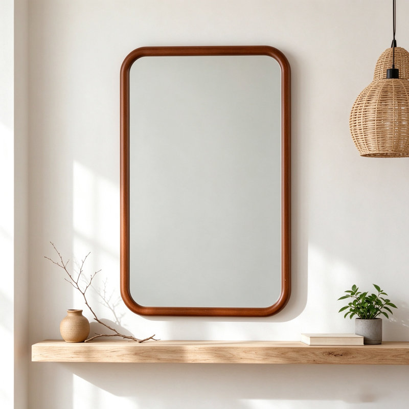 Miroir mural arrondi en bois, miroir mural vintage encadré en bois massif, miroir de coiffeuse décoratif moderne du milieu du siècle pour salle de bain, chambre ou entrée