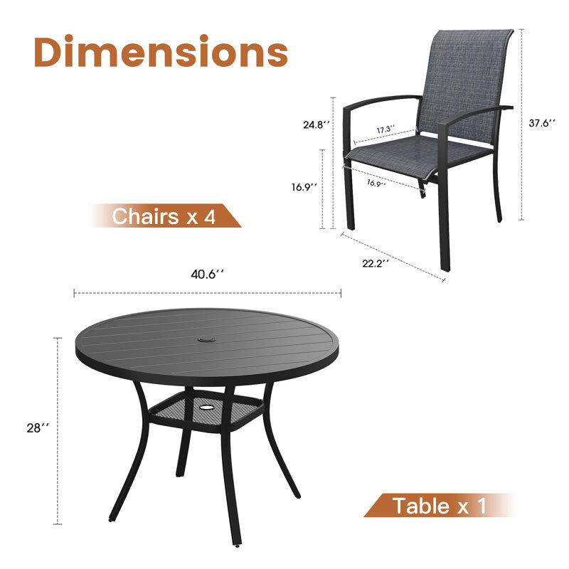 Ensemble repas d'extérieur 41 po avec 4 chaises empilables PVC-coated polyester, Noir / Noir