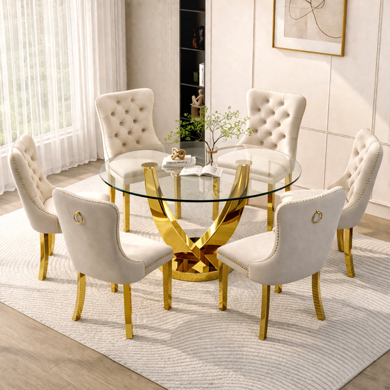 Ensemble de table de salle à manger ronde en verre trempé de 47,2 po avec 6 chaises rembourrées en velours, Doré / Blanc