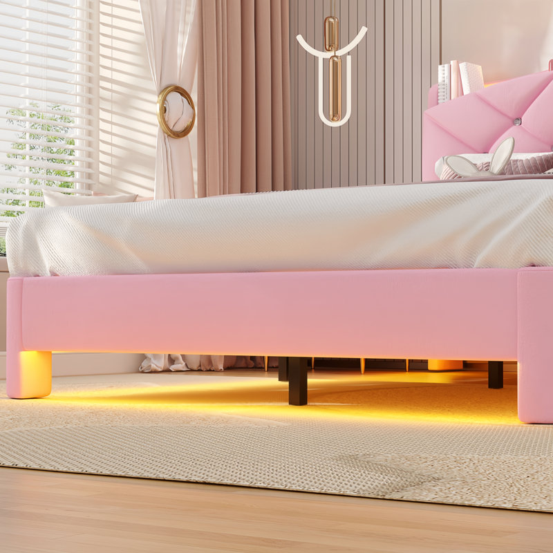 Lit plateforme tapissier en velours avec mobilier de chambre à coucher pour enfants Crown, Lit simple, Rose
