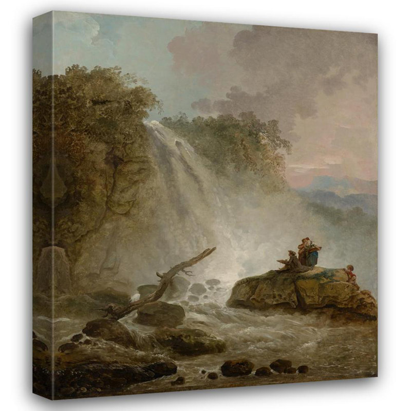 «Waterfall with Dessin Artist» par Hubert Robert - Art mural sur toile tendue avec châssis, H 40 po x l 28 po