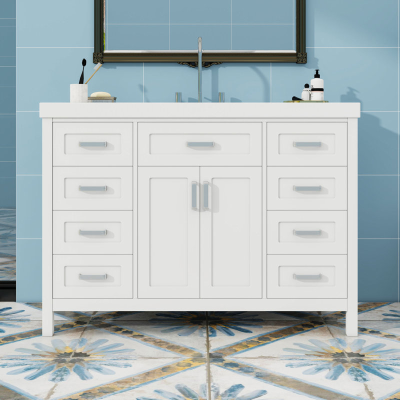 Meuble-lavabo avec lavabo, 8 tiroirs et 2 portes, Blanc