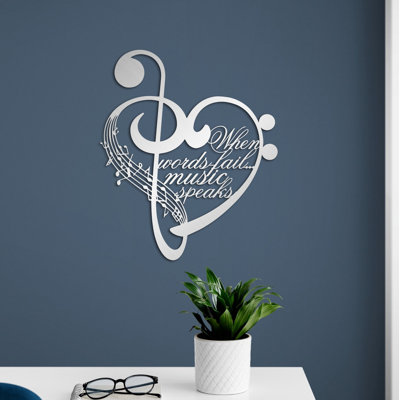 Metal Notes and Heart Wall Art, When words fail music speaks, Metal Wall Decor for Musician Gift