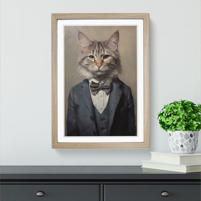 Cat In A Suit No.7 - Single Picture Frame Print on Wood, 64cm H x 46cm W x 2cm D, Oak 