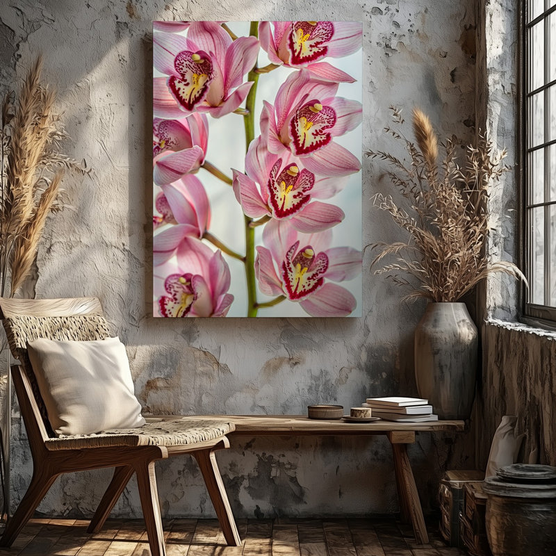 Toile, composition en gros plan d'orchidées roses délicates mettant en vedette leur art mural, pétales complexes et marquages rouges éclatants sur toile
