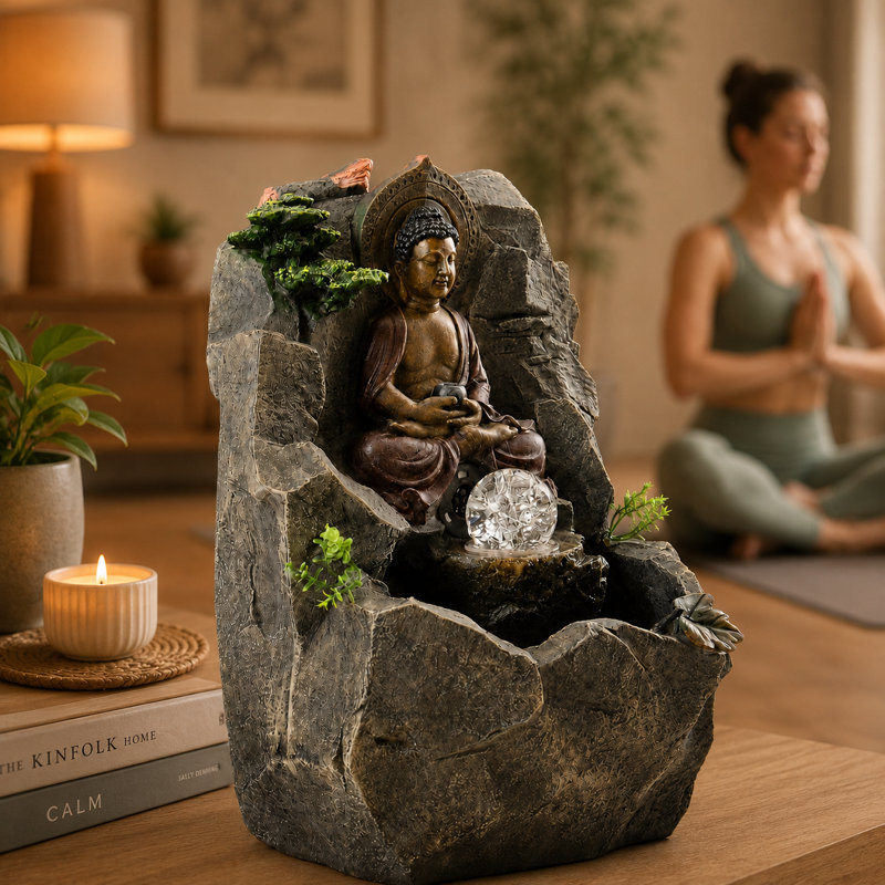 Fontaine de table de Bouddha de 15 pouces avec orbe en verre DEL, fontaine en résine