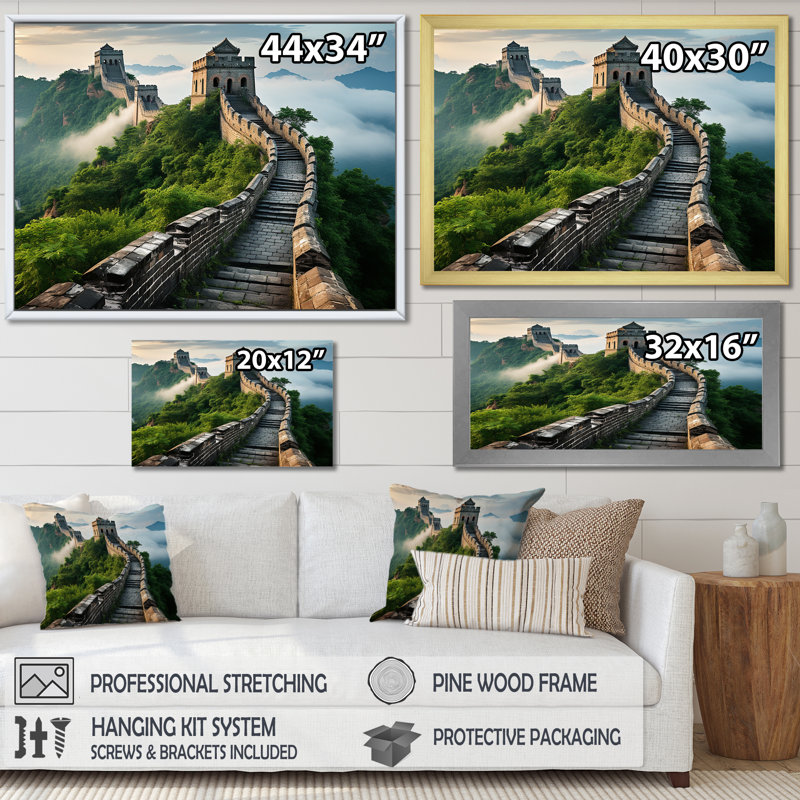 Grande muraille de Chine matin brumeux - art mural Chine, Cadre flottant blanc, H 24 po x l 32 po x P 1 po