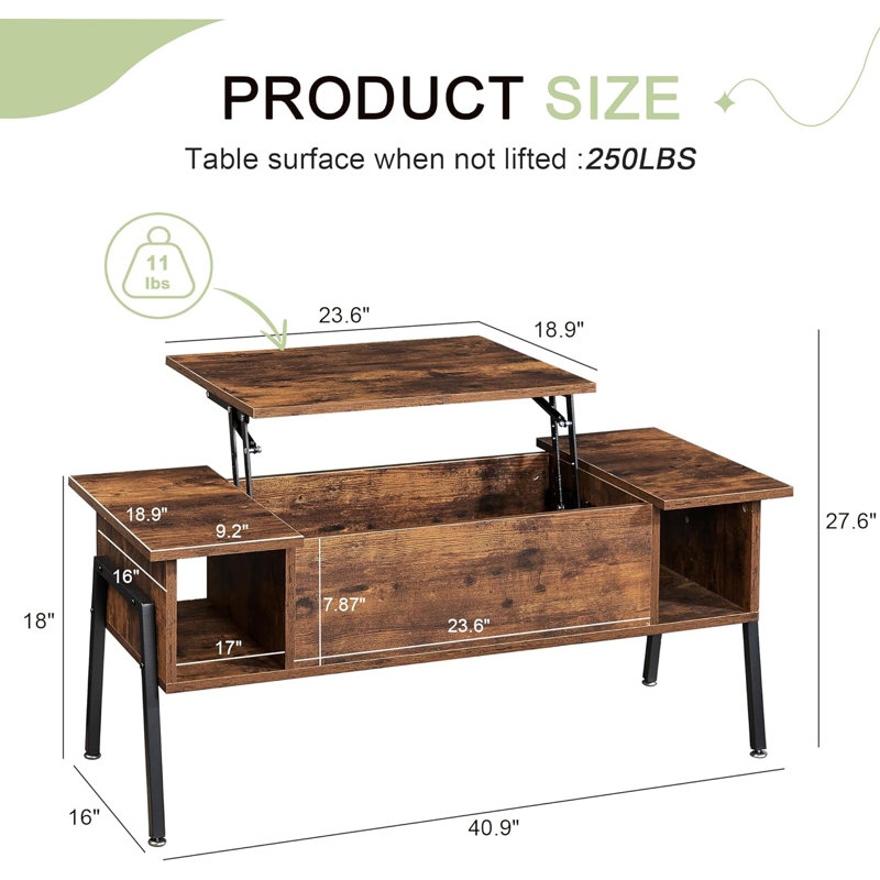 Lift Top Coffee Table With Hidden Compartment And Storage Shelf For Living Room Office Reception, Rising Tabletop, Brown