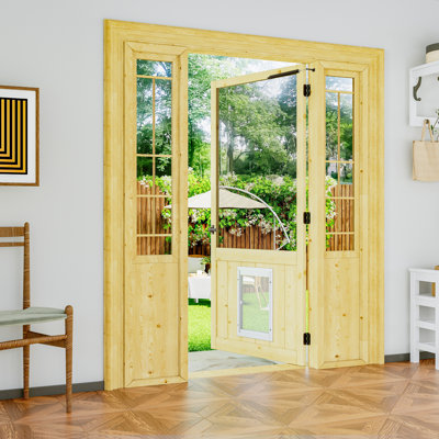 32 in. x 80 in. Half Lite Universal Unfinished Pine Gauze Mesh Screen Door Slab With Pet Door With Auto Closer