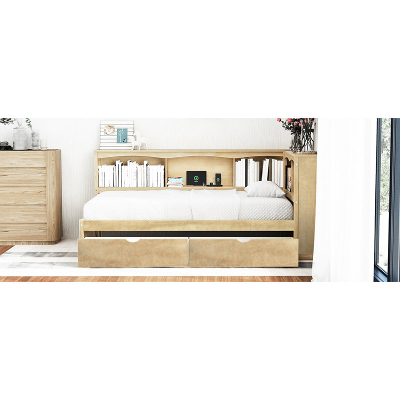 Wood Color Twin Size Daybed With Storage Drawers, Ports And Useful Options - Long-Lasting Areas, Two Drawers Sockets, Wood