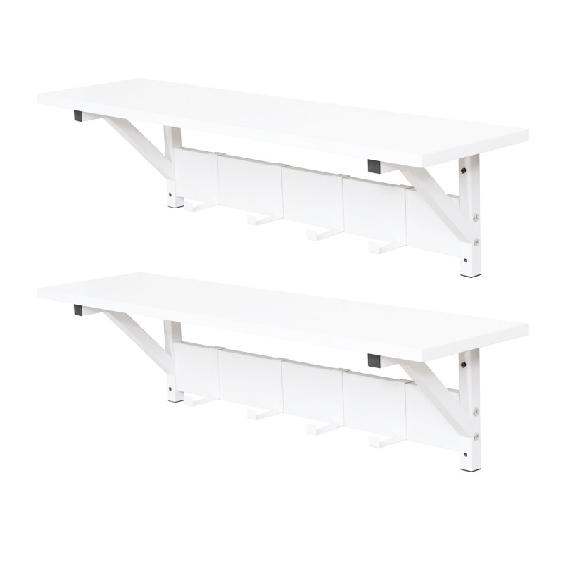 Ciardi Floating Shelf with Hooks - Wall Mounted Storage Shelf, Space Saving Organizer, White, 2