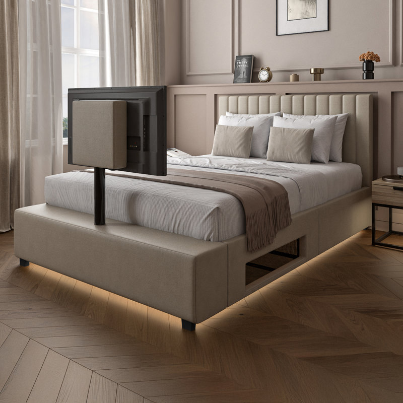 XR Living Maisie Fabric TV Bed with LED Lighting, Cream, Double (4'6)
