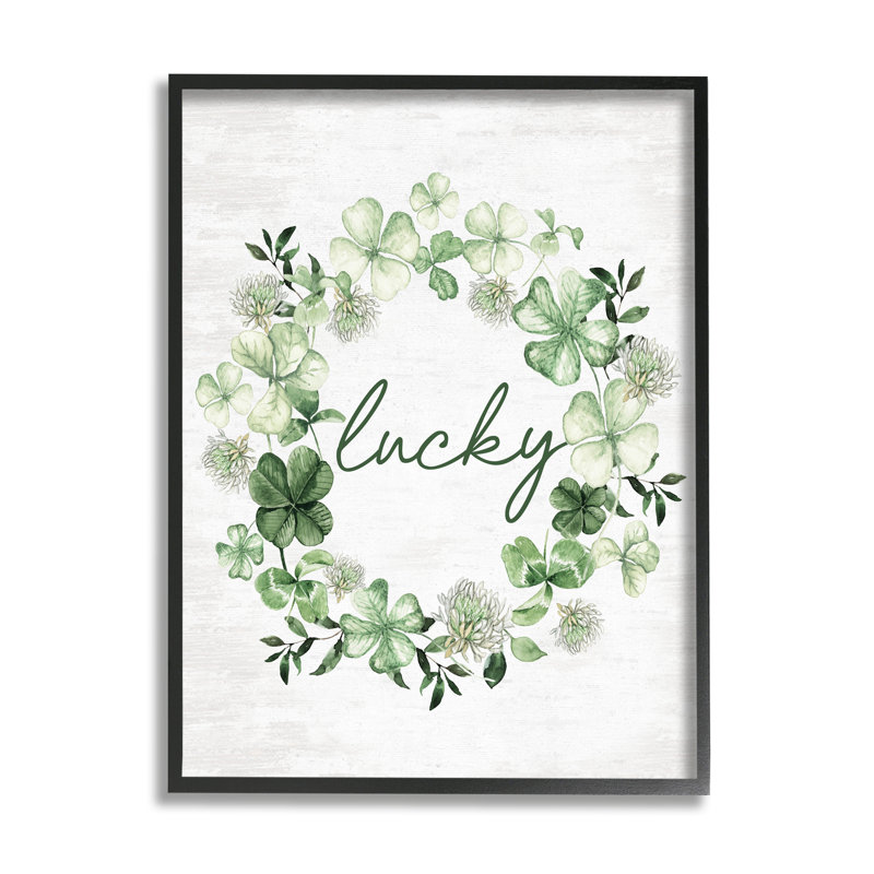 Bb-593 - Couronne de trèfle porte-bonheur encadrée sur bois par impression à lettres et doublée, Giclée encadrée noir minuit
