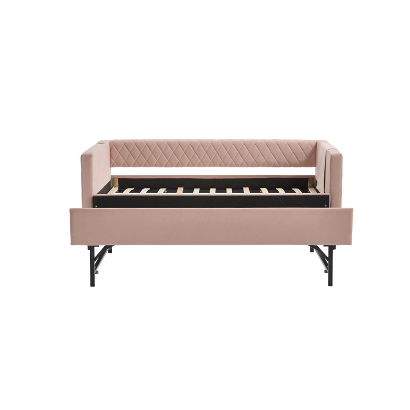 Modern Wooden Daybed with Storage Drawers, USB Ports, and Pushable Top Shelf for Bedroom or Living Room Use., Pink