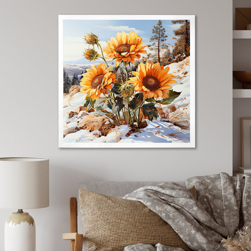 Charme de tournesols en hiver - impression, H 30 po x l 30 po x P 1 po, Cadre simple blanc
