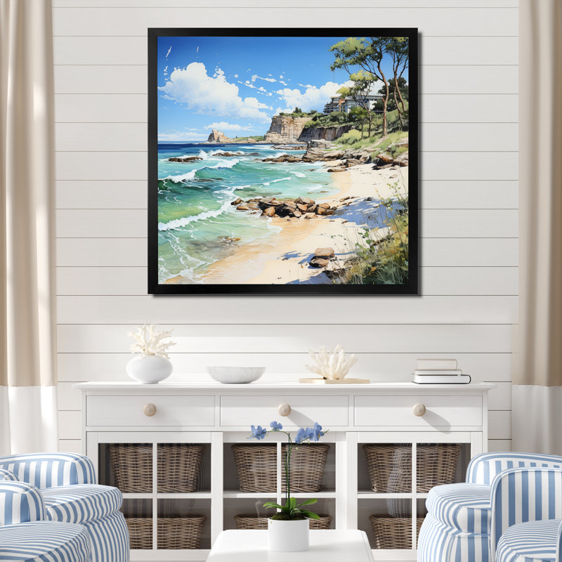 Plage contrastante pointillisme I, Cadre simple noir, H 24 po x l 24 po x P 1 po