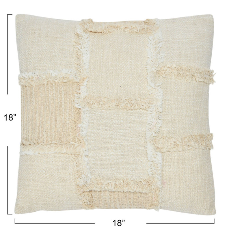 18" Beige Cotton and Wool Patchwork Pillow with Frayed Edges