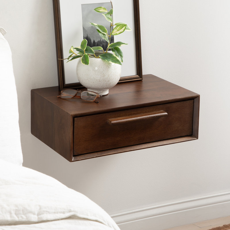 Geoffry Mango Floating Shelf with Drawer, Dark Walnut