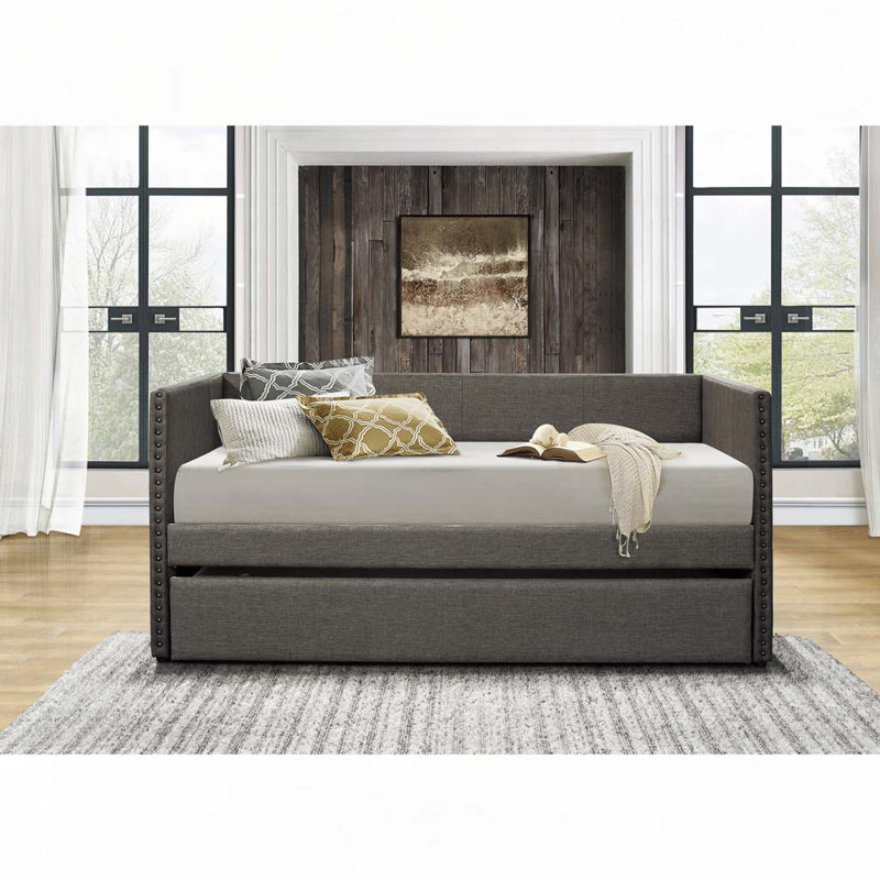 Upholstery Daybed with Pull-out Trundle Nailhead Trim Wood Frame, Gray