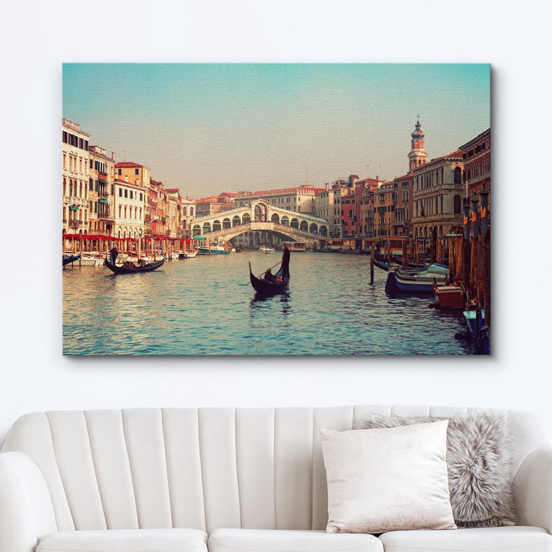 Architecture Building " Rialto Bridge and Gondolas in Venice " Graphic Art Print, 24" H x 36" W x 1.5" D, Wrapped Canvas